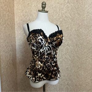 VTG Y2K 2000s Leopard Cheetah Animal Print Lace Trim Satin Corset Top